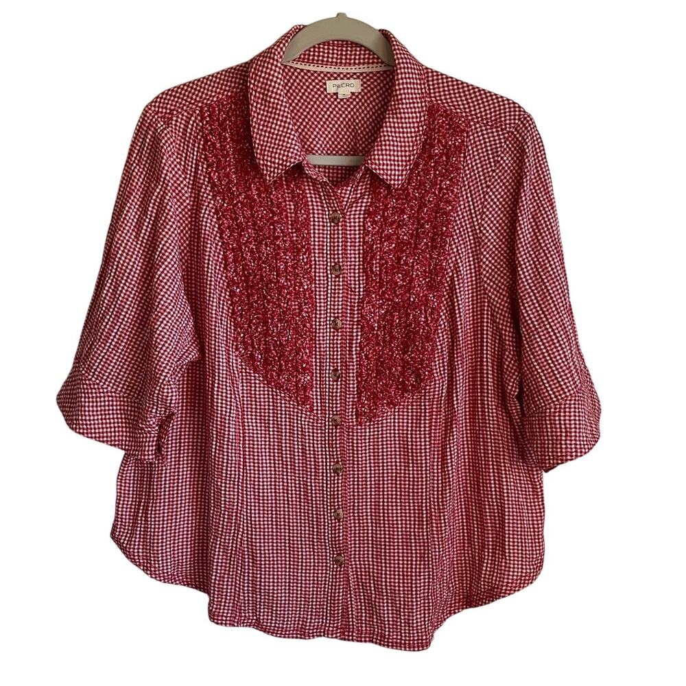 Pilcro Anthropologie Gingham Short Sleeve Button Up Top Womens 1X Red White